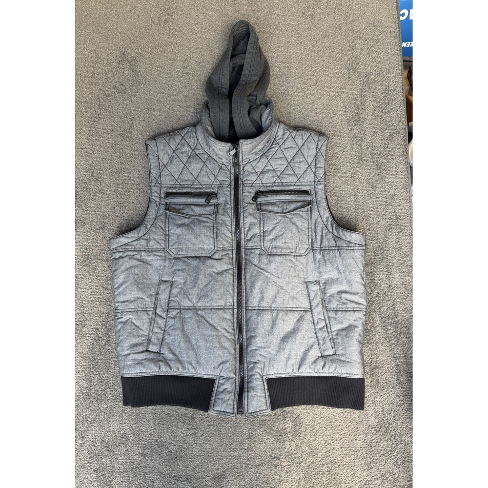Bar III Mens Gray Quilted Hooded Puffer Vest XXL Full Zip Multi Pocket Cotton